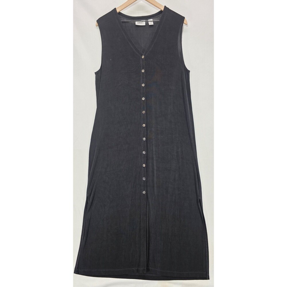 Chicos Travelers Black Maxi Dress Size 3 XL Button Tank Stretch Knit Minimalist